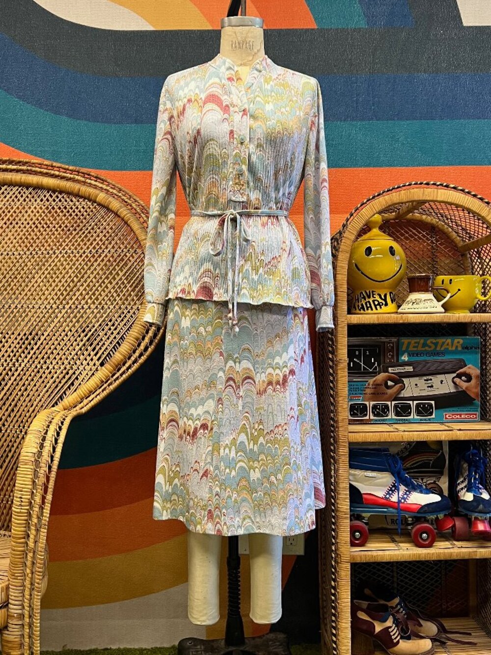 EUC Vintage Leslie Fay 60s 70s Marbled Belted Pastel Knit Blouse Skirt Set Small
